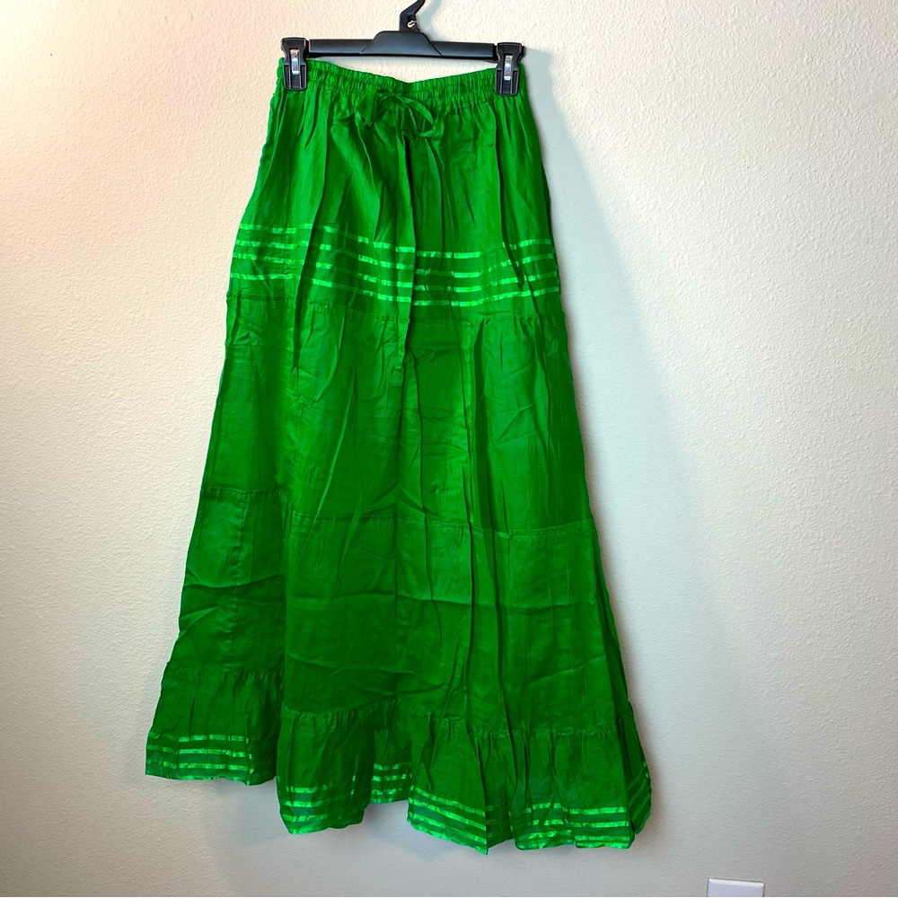 NWT HIGHNESS NYC Green Cotton Ruffle Maxi Skirt OS Beach Breeze Boho Tiered